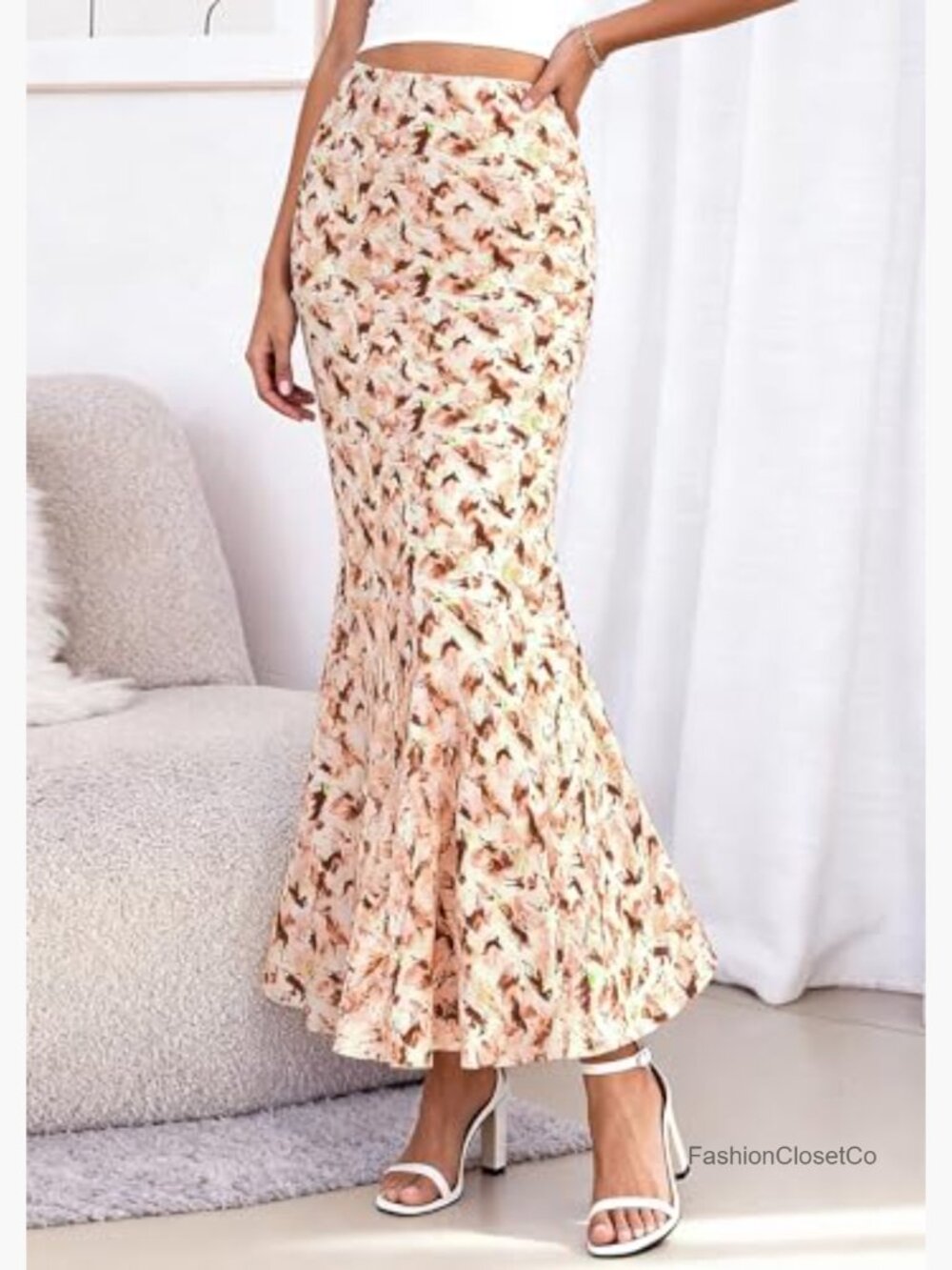 Women's Maxi Skirt High Waisted Mermaid Ruffle Flowy Office Work Long Slip Skirt - Picture 6 of 7